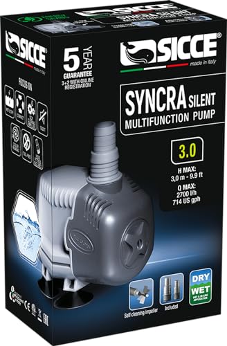 SICCE Syncra Silent 3.0 Multifunction 714 GPH Submersible Water Pump | Italian Made 48W Ultra Quiet Durable Aquarium Fish Tank, Fountain, Pond, Hydroponics, Terrarium Black | Freshwater & Saltwater - size: Syncra Silent 3.0