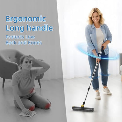 Floor Scrub Brush with Long Handle, 3 in 1 Scrape and Heavy-Duty Stiff Bristle Floor Scrubber Brush Broom with Squeegee and Tweezer for Cleaning Black - color: Black