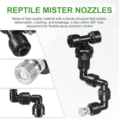 M METERXITY 2-Pack Reptile Mister Nozzles, 0.6mm Pore Copper 1/4" Reptile Misting Spray Nozzle with Plug for Terrarium/Vivarium, 360 Degree Adjustable Detachable Nozzles [Black] - size: 0.6mm