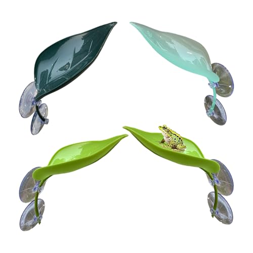 4 Pack Frog Leaf Tank Decorations Plastic Frog Basking Platform for Reptile | with 8 Pcs Suction Cups 3 Colors Leaf Shape Aquarium Turtle Gecko Accessories
