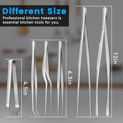 HOTEC Kitchen Tweezers Tongs Stainless Steel, Set of 6 - Professional Cooking Tweezers for Cooking, Chefs, BBQ, Seafood, Baking & Repair - color: Silver, size: 6PCS: 12, 6.3 & 4.5 Inch