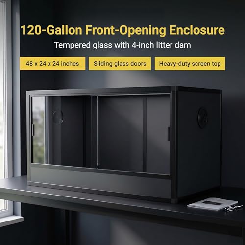 120 Gallon Reptile Enclosure 48x24x24–Premium Tempered Glass Terrarium with Sliding Doors, Heavy Duty Screen Top Reptile Habitat, Bearded Dragon Tank Accessories