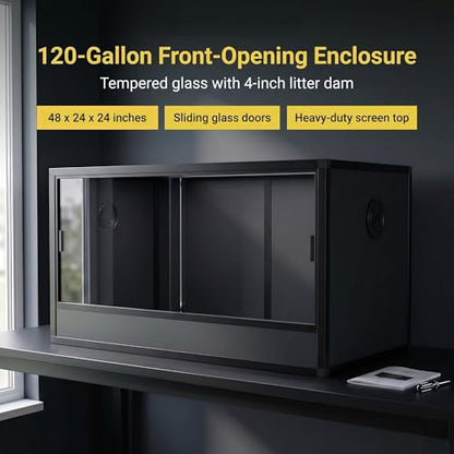 120 Gallon Reptile Enclosure 48x24x24–Premium Tempered Glass Terrarium with Sliding Doors, Heavy Duty Screen Top Reptile Habitat, Bearded Dragon Tank Accessories