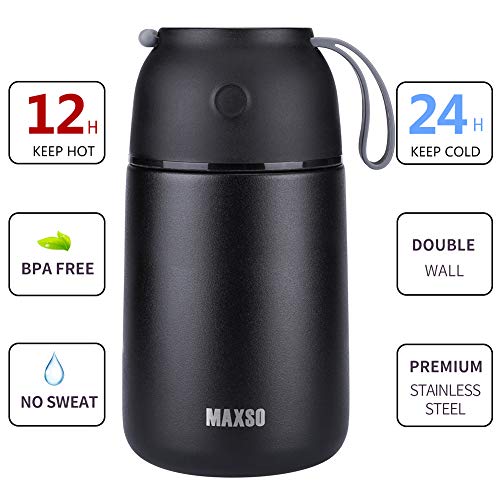 MAXSO 2 Pack Soup Thermo for Hot & Cold Food for Kids Adults, Vacuum Insulated Food Jar Thermal Lunch Containers, Travel Food Flask with Spoon (24 oz,17 oz) (Black) - color: Black