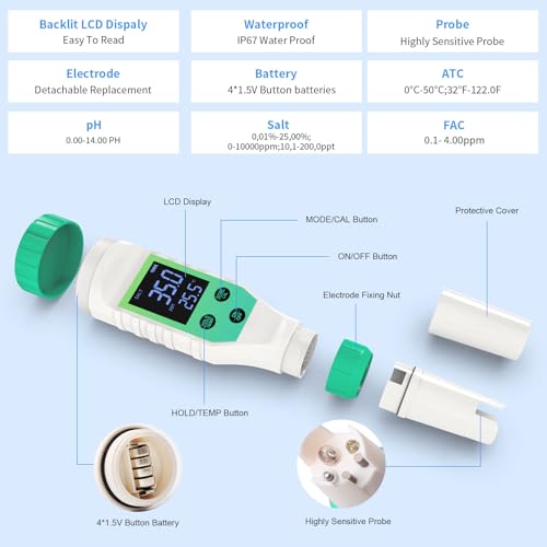 Pool Salt Tester, Digital Pool Water Tester & Pool pH Tester, 7 in 1 FAC Digital Salinity Tester for Saltwater Aquarium Sodium Chloride Swimming Pools Hot Tubs Spas