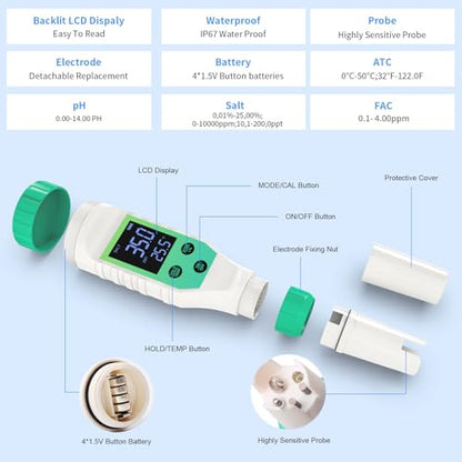 Pool Salt Tester, Digital Pool Water Tester & Pool pH Tester, 7 in 1 FAC Digital Salinity Tester for Saltwater Aquarium Sodium Chloride Swimming Pools Hot Tubs Spas