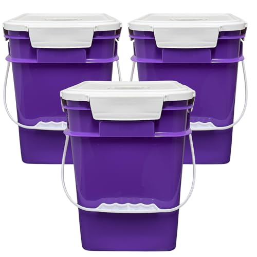 4 Gallon Square Food Grade Bucket Pail with Plastic Handles and Lid (Pack of 3) Made in USA containers (Purple) - color: Purple
