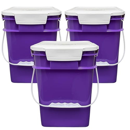 4 Gallon Square Food Grade Bucket Pail with Plastic Handles and Lid (Pack of 3) Made in USA containers (Purple) - color: Purple