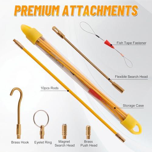 KOOTANS 11FT Fiberglass Running Electrical Wire Cable Glow Rods Wire Pulling Tools Fish Tape Cable Puller Through Wall Snake Fish Rods Kit with Different Attachments - color: 11FT
