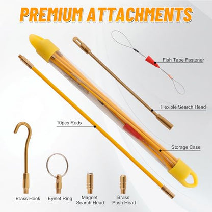 KOOTANS 11FT Fiberglass Running Electrical Wire Cable Glow Rods Wire Pulling Tools Fish Tape Cable Puller Through Wall Snake Fish Rods Kit with Different Attachments - color: 11FT