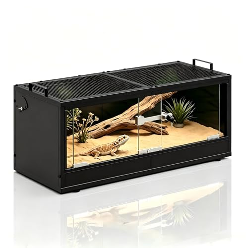 20 Gallon Reptile Tank Front Opening Reptile Terrarium Tank with Breathable Metal Screen Top Reptile Enclosure with Sliding Glass Door Safety Lock for Insects, Lizards, Geckos, Snakes, Small Animals