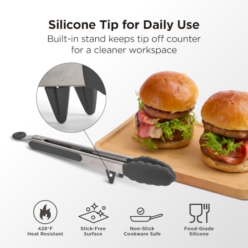 Kitchen Mama DuoEssentials Cooking Tongs Set, Metal Gray | 12" Silicone Tip & 14" Stainless Steel, BBQ Grill Tongs, Locking Ring, Heat Resistant, Non Stick & Dishwasher Safe - color: Metal Gray