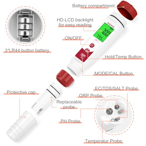 pH Meter Chlorine Tester Digital 7 in 1 Pool Water Tester Kit | Salinity Tester for Saltwater Aquarium, ORP Meter for Hydroponics Drinking Water, Pool Water Tester,pH Chlorine for Pool Spa
