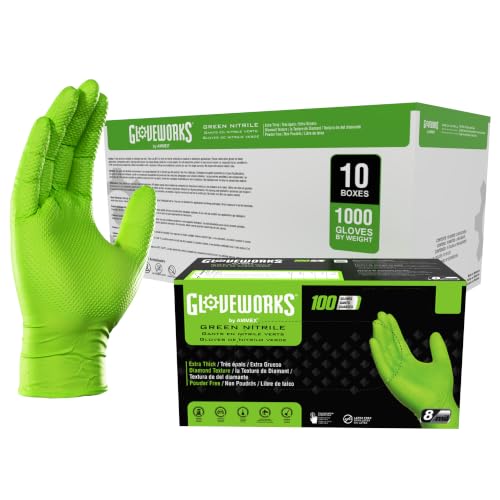 GLOVEWORKS Green Nitrile Gloves 8 Mil Heavy Duty Texture Chemical Resistant | Mechanic and Cleaning Gloves, Suitable for Heavy Duty Industrial Use, Chemical Resistant, HIgh-Visibility Color, Bulk Options - size: X-Large, style: Case of 1000