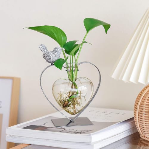 Marbrasse Desktop Glass Vase, Bulb Glass Vases for Holder, Creative Bird with Heart Planter Vase, Plant Terrarium Metal Stand for Modern Office Home Wedding Decorations - color: Heart Bird Planter Glass Vase