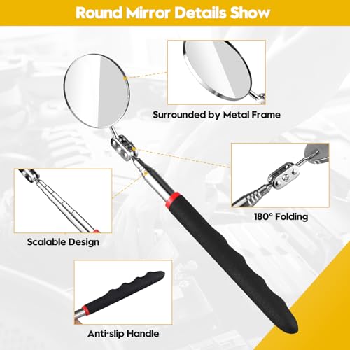 Telescoping & Bendable Inspection Mirror – Round & Square Heads, Black/Yellow | 360° Swivel Neck, Telescoping & Bendable Handles, Metal & Glass Build, for Dead Angles & Tight Spots - color: Yellow/Black