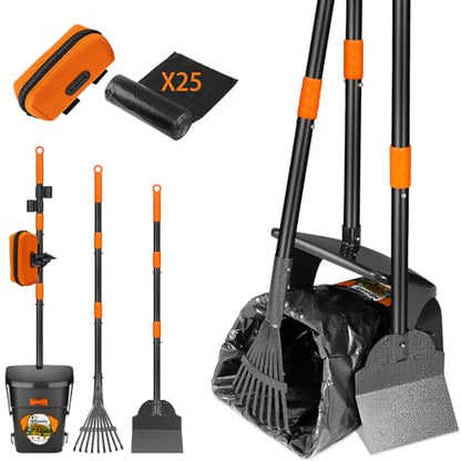 Dog Pooper Scooper with Bags & Dispenser - 37.4" Long Durable Metal Handle Swivel Bin & Rake & Spade Kit, Large Capacity Portable Pooper Scooper for Yards，Easy to Assemble