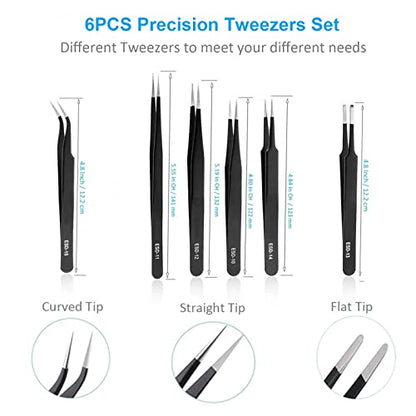 YHYZ 6pcs Precision Tweezers Set, Premium Anti-Static Stainless Steel ESD Tweezers Set Kit for Electronics, Sodlering，Jewelry, Craft, Laboratory Work, DIY - style: 6PCS, Version 1