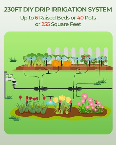 Drip Irrigation System for Watering Garden: 230FT Misting Sprinkler DIY Devices with Tubing Hose for Indoor Plants Outdoor Flower Beds Raised Growing Lawn Tree Patio Hydroponic - size: 230FT Barbed