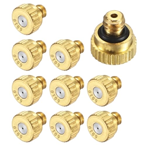 M METERXITY 10-Pack Brass Misting Nozzles, 0.024inch/0.6mm Orifice Heavy Duty 10/24 UNC Screw Thread Misting Nozzle Plug for Outdoor Spray Cooling System/Patio Mist System/Dust Control - size: 0.024inch/0.6mm