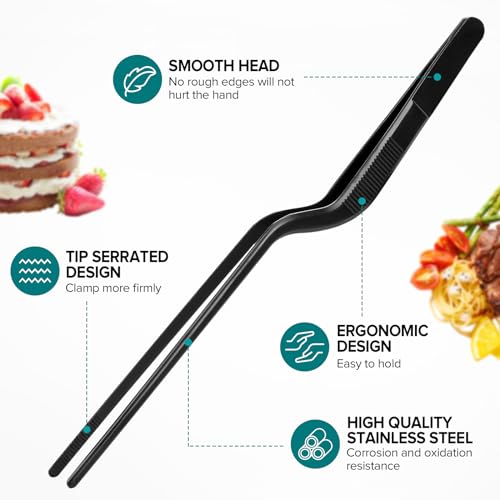 Kitchen Tweezer Tongs Set for Chef Food Plating, 6 Pcs, 8", Black | Stainless Steel, Small Chef Food Culinary Bar Thin Skinny Tweezers Tongs, Cooking Tweezers Set, For Baking Decorating Feeding - size: 8 inches
