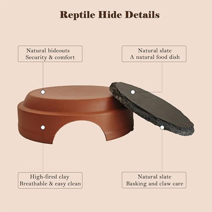 Ceramic Reptile Hide with Removable Slate Basking Platform, Humid Hide Cave for Leopard Gecko, Small Lizards, Snakes & Terrariums
