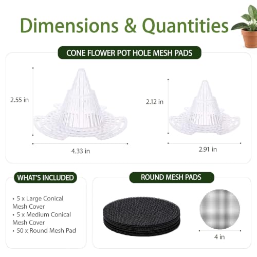 Plant Pot Drainage Kit, 60 Pack | 10 Cone Grid Pads + 50 Mesh Screens, Improves Drainage & Airflow, Reduces Soil Loss, Indoor Outdoor Plants & Bonsai