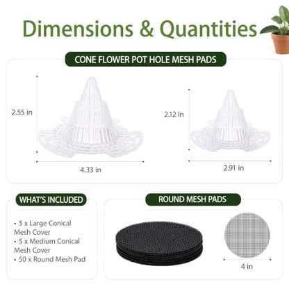 Plant Pot Drainage Kit, 60 Pack | 10 Cone Grid Pads + 50 Mesh Screens, Improves Drainage & Airflow, Reduces Soil Loss, Indoor Outdoor Plants & Bonsai
