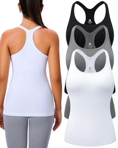 Women's Workout Tank Tops, with Built in Bra Racerback Sleeveless Camisole | Removable Pads, 1/2/3 Pack, A-D Cup, Hip Length, Low Support, Full Coverage, Camisole Sport Tanks, for Yoga Athletic Daily - color: Black White Gray 3 Pack, size: Small