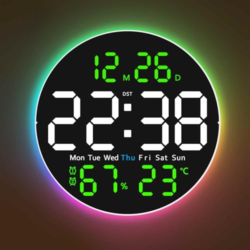 10 Inch Large Digital Wall Clock with 9 Color Changing Remote Control, Date Week Temperature, Auto Brightness Dimmer Big Clock with Night Lights,Green - color: Green