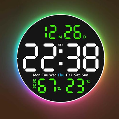 10 Inch Large Digital Wall Clock with 9 Color Changing Remote Control, Date Week Temperature, Auto Brightness Dimmer Big Clock with Night Lights,Green - color: Green