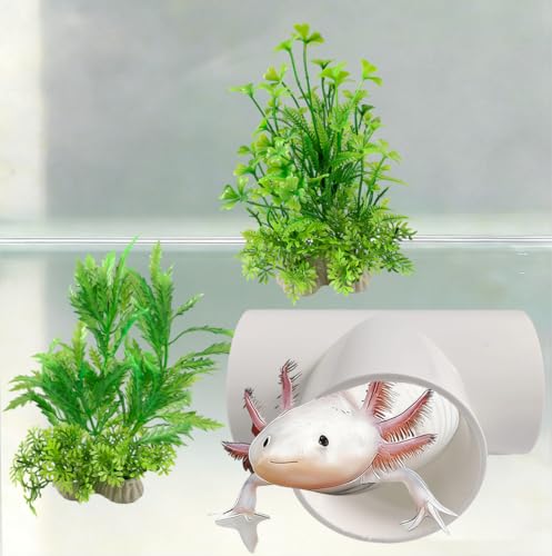 3 PCS Axolotl Hide Tube with 3 Holes, 2 Artificial Plants for Aquarium, Safe Cave and Aquatic Green Plant Set, Aquarium Decor Set for Axolotl, Fish, Turtles Tank Decorations Accessories