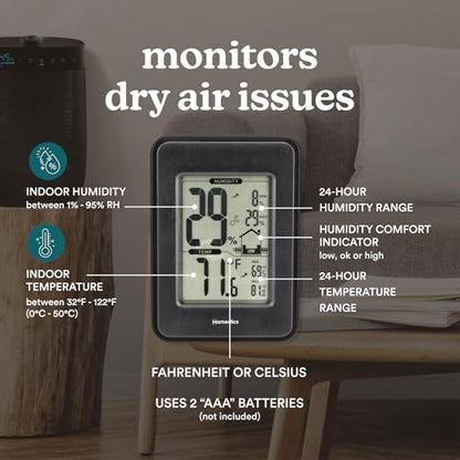 Homedics HM100 Indoor Humidity Monitor, Easy-Read Hygrometer | to Monitor Indoor Air Comfort, Fahrenheit and Celsius, Battery-Operated Room Thermometer for Home