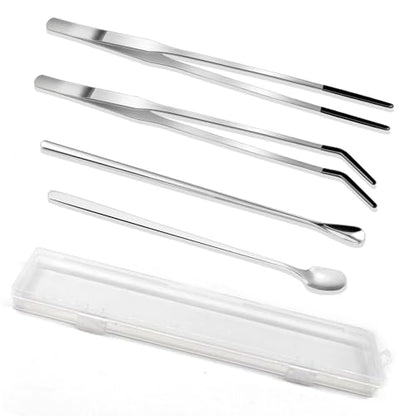 4-Piece Stainless Steel Reptile Feeding Tongs & Spoons Set – Curved/Straight Tweezers,Spoons, Rubber Tips for Bearded Dragons,Aquarium/Terrarium Safe Feeding Tools