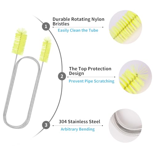 Flexible Drain Brush, 66" Extra Long Pipe Cleaners with 2 Pcs Straw Brush | Drain Cleaning Brush, Double Ended Elastic Hose Pipe Cleaner for Refrigerator Defrost, Aquarium Filter, Sink Drain, Fish Tank