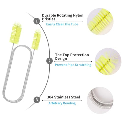 Flexible Drain Brush, 66" Extra Long Pipe Cleaners with 2 Pcs Straw Brush | Drain Cleaning Brush, Double Ended Elastic Hose Pipe Cleaner for Refrigerator Defrost, Aquarium Filter, Sink Drain, Fish Tank