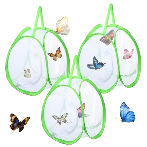 3 PCS Mini Butterfly Habitat Cage Foldable Insect Mesh Cage with Handle & Zipper Portable Butterfly Net Habitat Bug Terrarium for Transporting and Raising Critter Cage Easy to Observe, 10x 8.8x8Inch