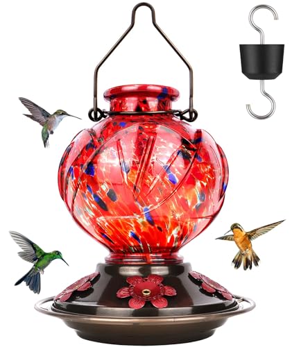 Hummingbird Feeders for Outdoors Hanging, Hand Blown Glass, Red | 22oz, with Ant Moat, 5 Bee-Proof Ports, Leak-Proof, 360° Perch, Easy Refill & Clean, Garden Decor Gifts for Women Men Mom Dad - color: Red