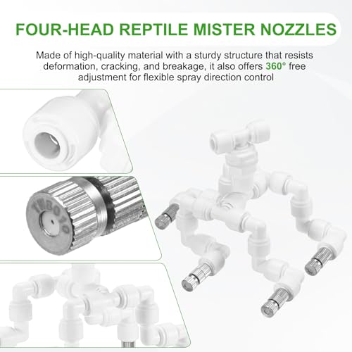 M METERXITY Reptile Mister Nozzles, 0.8mm Pore Copper 1/4" Four-Head Reptile Misting Spray Nozzle with filter Plug for Terrarium/Vivarium, 360 Degree Adjustable Nozzle [White]