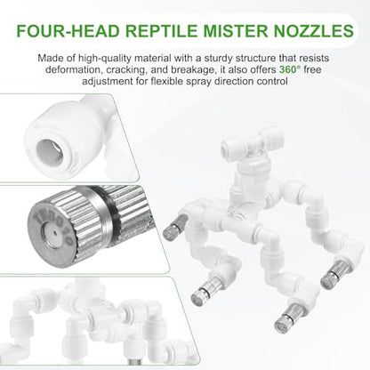 M METERXITY Reptile Mister Nozzles, 0.8mm Pore Copper 1/4" Four-Head Reptile Misting Spray Nozzle with filter Plug for Terrarium/Vivarium, 360 Degree Adjustable Nozzle [White]