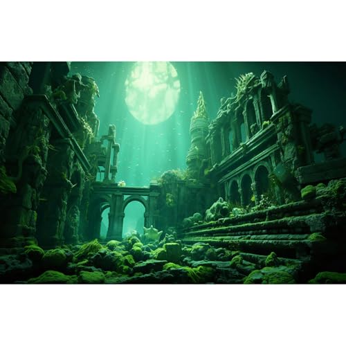 Underwater Aquarium Background Undersea Roman Building with Plants Around Seabed Fish Tank Background Underwater Building Stone with Moss Terrarium Background Undersea Aquarium Backdrop 24x12in - color: Ocean Green, size: 24(W)x12(H)in