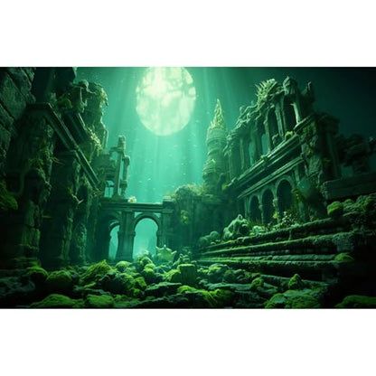 Underwater Aquarium Background Undersea Roman Building with Plants Around Seabed Fish Tank Background Underwater Building Stone with Moss Terrarium Background Undersea Aquarium Backdrop 24x12in - color: Ocean Green, size: 24(W)x12(H)in
