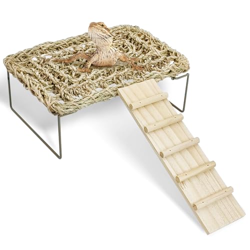 kathson Bearded Dragon Hammock with Ladder, Seagrass Reptile Basking Hammock with Metal Legs, Adjustable Lizard Bed Tank Accessories Decor for Amphibian Gecko Snake Hermit Crab Chameleon Climbing