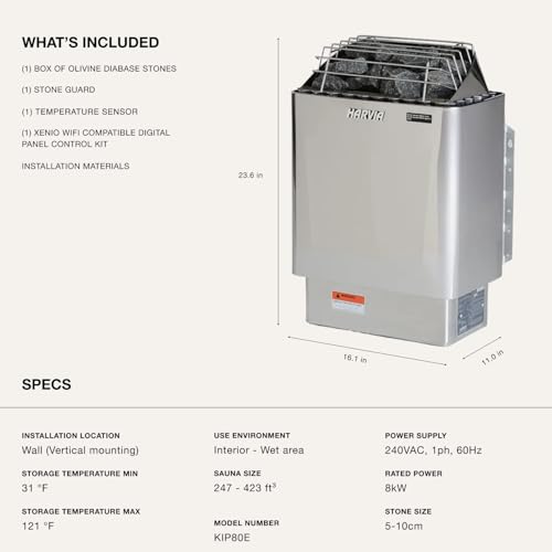Harvia KIP Sauna Heater, Wall Mounted Electric Sauna Stove, Stainless Steel 220v Heater with Sauna Stones Included, Large Stone Cavity for Maximum Heat Release (8kW - Digital Controls) - style: 8kW - Xenio Digital Controller