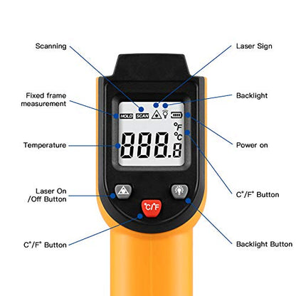 Laser Infrared Thermometer Non-Contact Digital Temperature Gun，-50°C to 400°C(-58°F to 752°F) IR Thermometer for Industrial,Kitchen Cooking,Ovens (Orange)