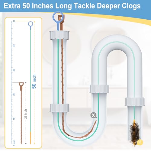 50 Inch Drain Snake, Reusable Hair Drain Clog Remover Tool, 3 Pack | Anti-break Metal Core Shower Snake, Upgraded Nylon Hook Tip, Extended Length for Bathtub, Bathroom Sink, and Pipe Cleaning.