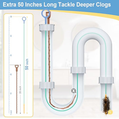 50 Inch Drain Snake, Reusable Hair Drain Clog Remover Tool, 3 Pack | Anti-break Metal Core Shower Snake, Upgraded Nylon Hook Tip, Extended Length for Bathtub, Bathroom Sink, and Pipe Cleaning.