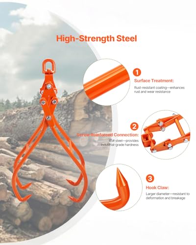 VEVOR Timber Claw Hook, 28 inch 4 Claw Log Grapple Logging Tongs, Swivel Steel Log Lifting Tongs 31" Max Opening, Eagle Claws with 2205LBS/1000kg Loading Capacity for Tractors, ATVs, Trucks, Forklifts - style: 28in-Swivel