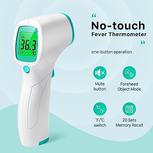 Non Contact Forehead Thermometer for Adults and Kids, Digital No-Touch Infrared Thermometer Temperature Gun for Baby ，3 Color Fever Alarm Accurate Reading 1s Fast Accurate Reading