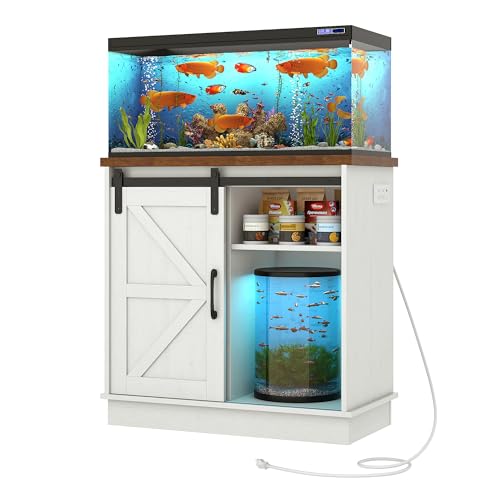 Hlivelood Farmhouse 20 Gallon Fish Tank Stand with Power Outlet, Aquarium Stand w/Cabinet&Sliding Barn Door, Heavy Duty Reptile Tank Stand for Fish/Turtle/Reptile Terrarium, 1000LB Capacity, Rustic WH - color: Rustic White, size: 20 Gallon